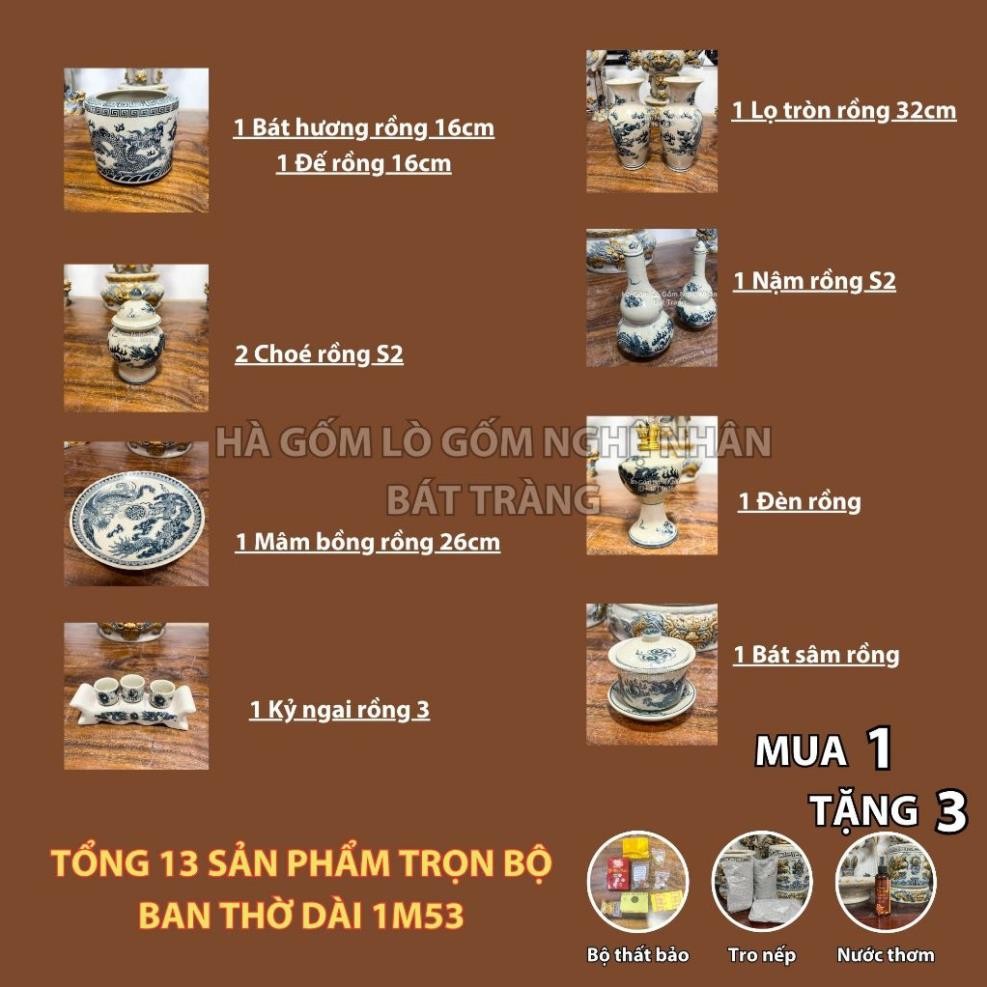 HG078 Đồ Thờ Cúng Bộ 13 món ban thờ 1M53 men rạn trơn nghệ nhân Bát Tràng chế tác TẶNG Thất Bảo, Tro Nếp_thumbnail_1