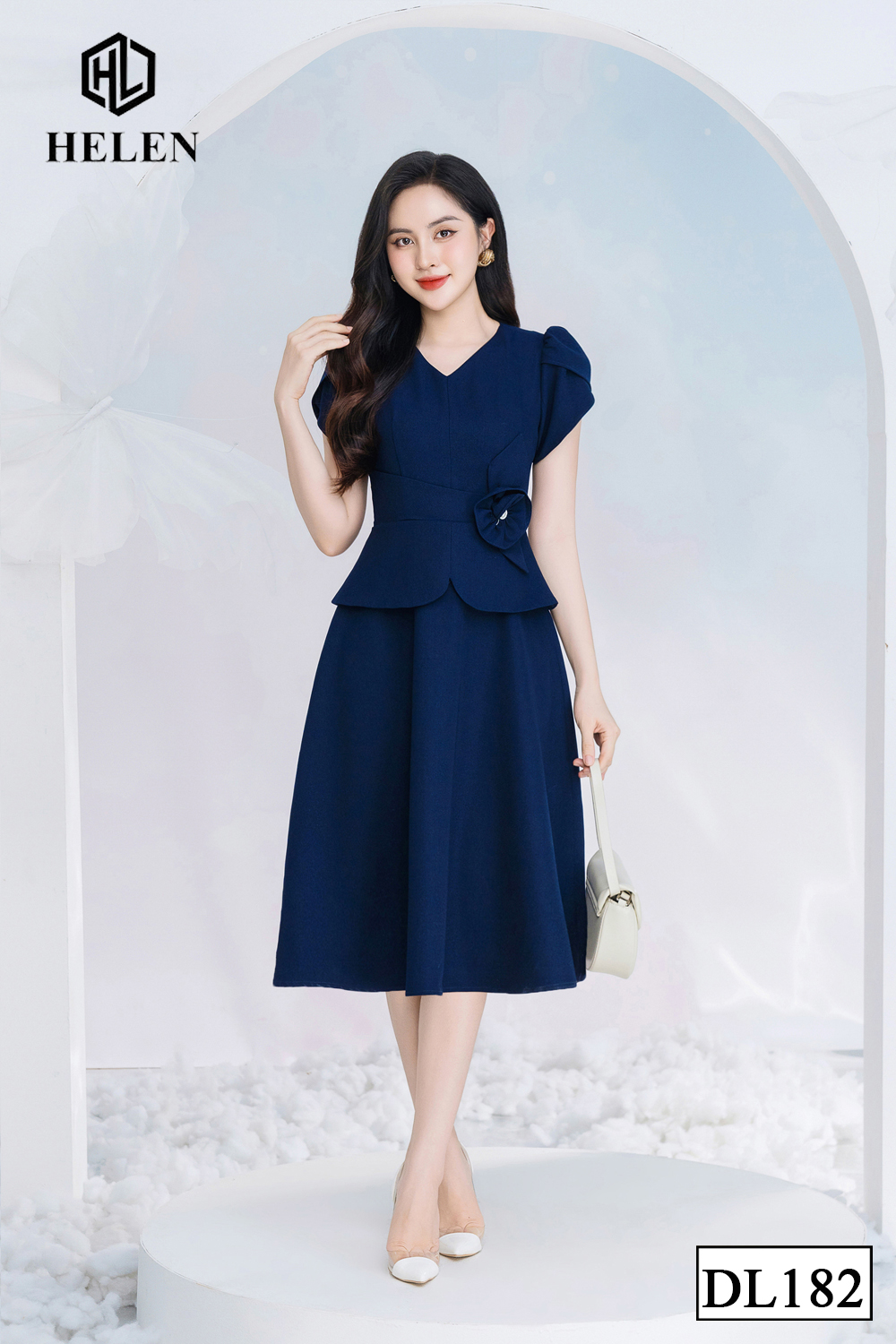 Đầm xòe peplum màu xanh than cổ V đính hoa eo DL182_thumbnail_2