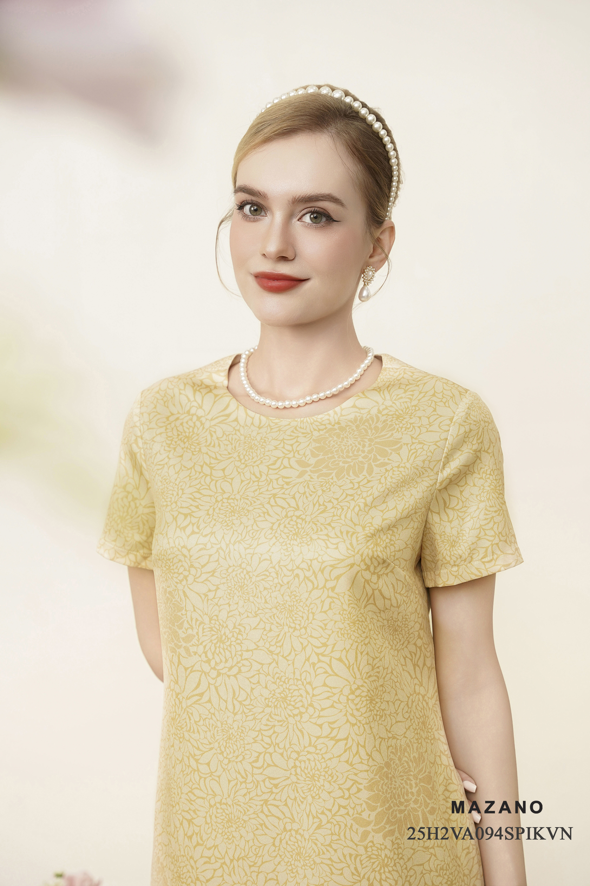 Váy Đầm Suông Vải thô sạn Hoạ tiết hoa in chìm cách điệu Cổ tròn Tay ngắn Dài trên bắp chân_thumbnail_3