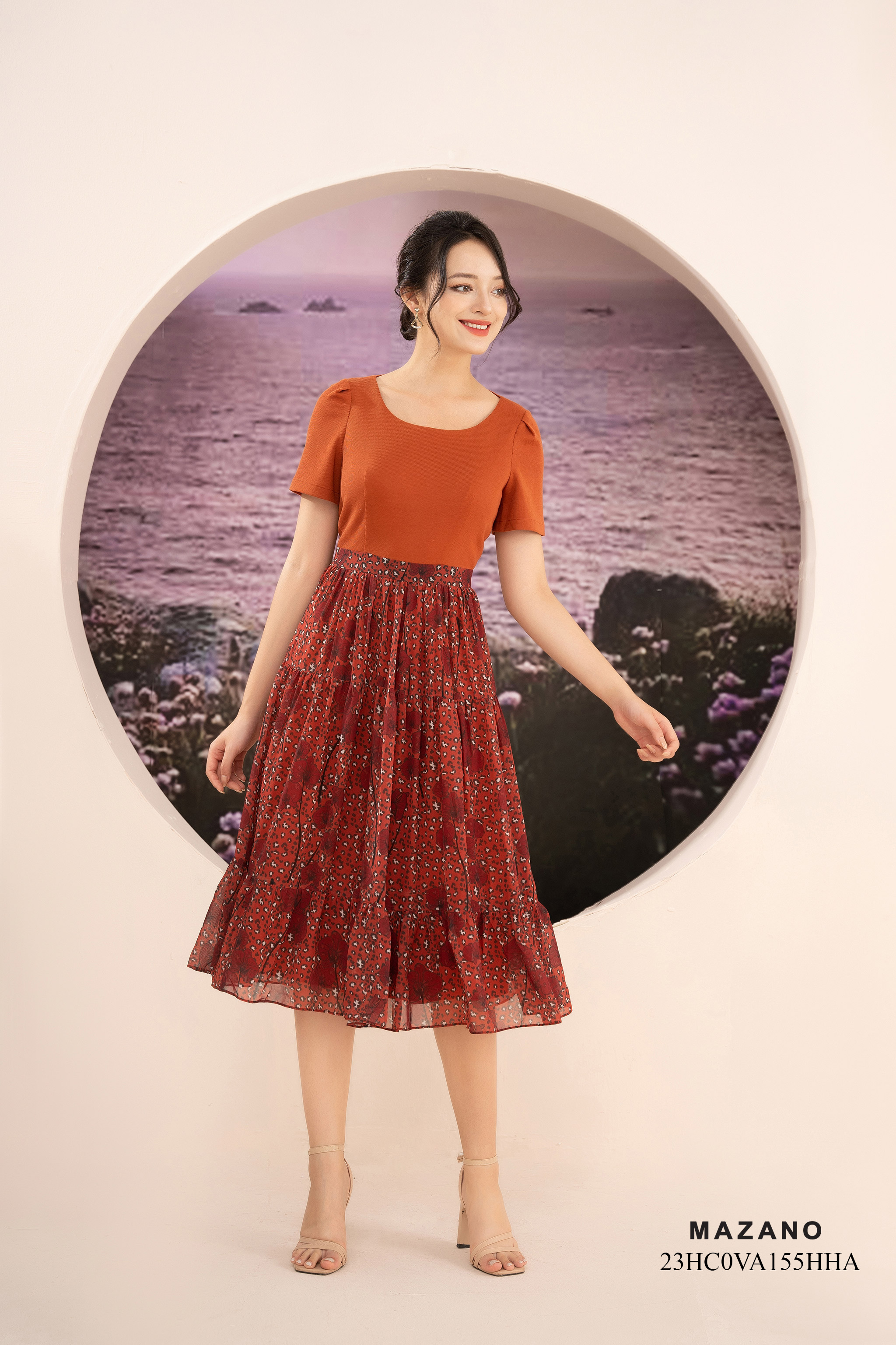 Váy Đầm Ôm Vải thun phối voan Hoạ tiết hoa in Cổ tròn Tay ngắn Dài ngang bắp chân 23HC0VA155HHA