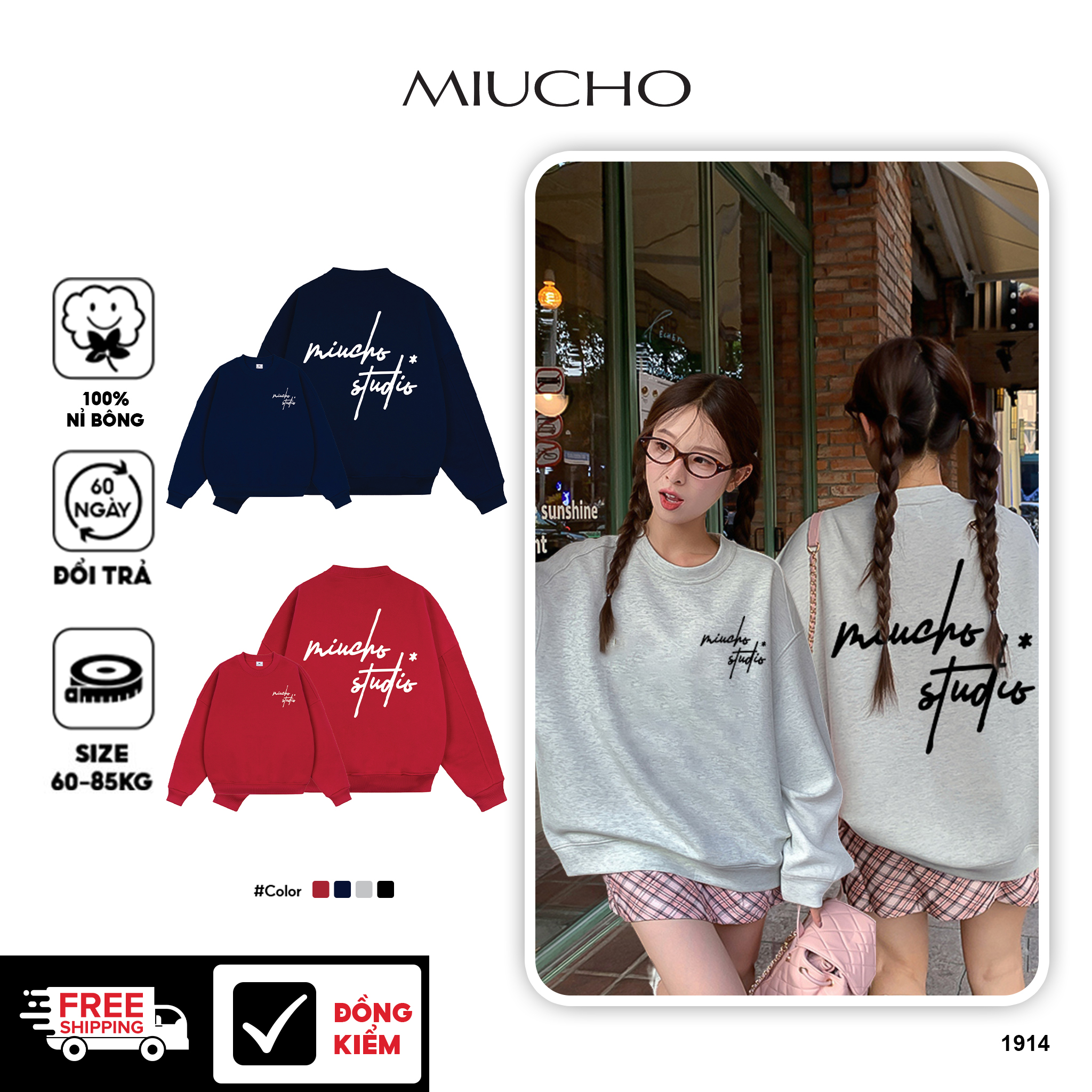 Áo sweater nữ form boxy 1914 Miucho cổ tròn vải nỉ bông 350 GSM dày dặn in basic