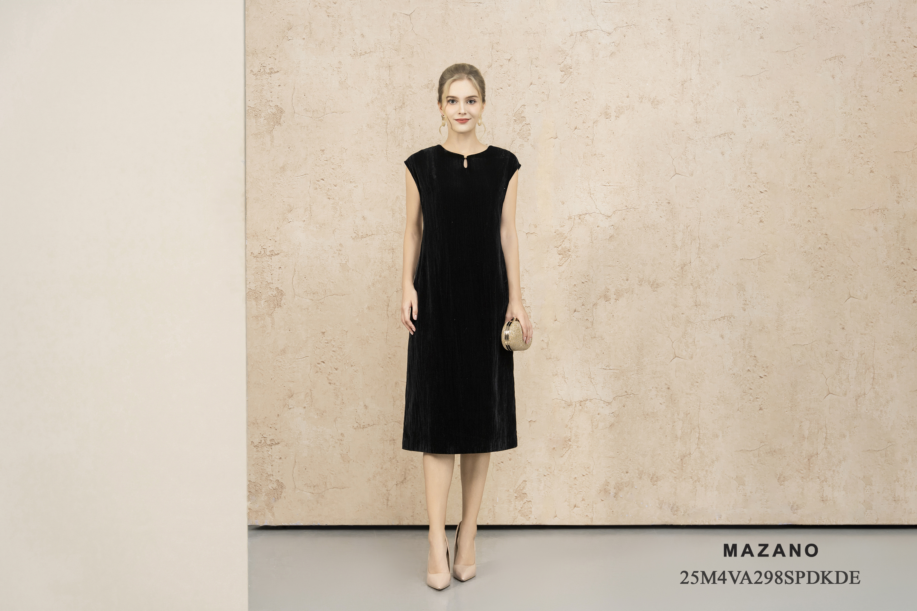 Váy Đầm Suông Vải nhung Cổ tròn trang trí xẻ Tay chờm Dài qua bắp chân_thumbnail_1