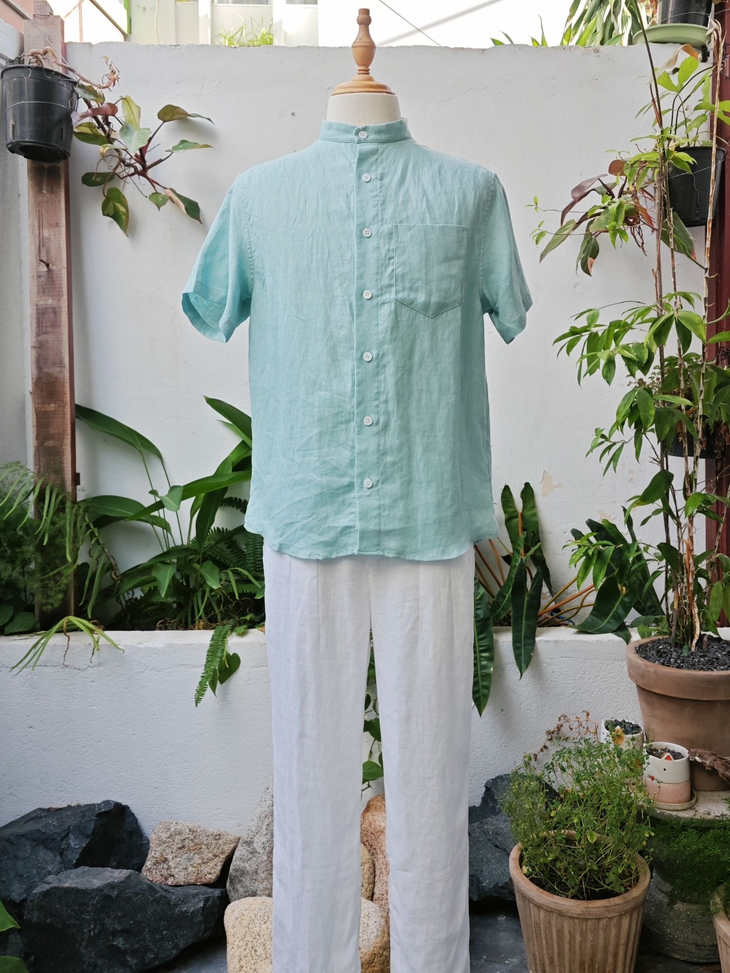 Sơ mi 100% linen tay ngắn cổ Trụ - cổ Tàu