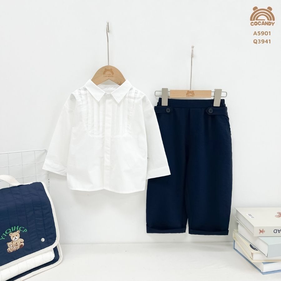 Áo dài sơ mi TRẮNG ngực xếp ly