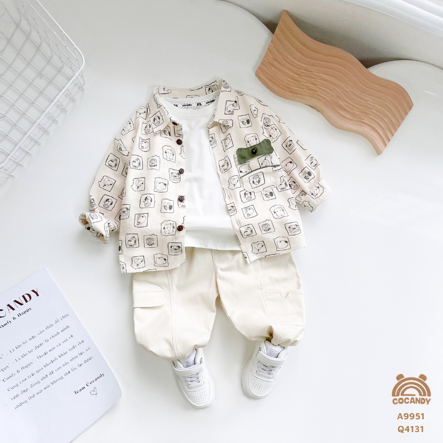 Áo dài TRẮNG họa tiết chuppy dog nẹp xanh rêu_thumbnail_1