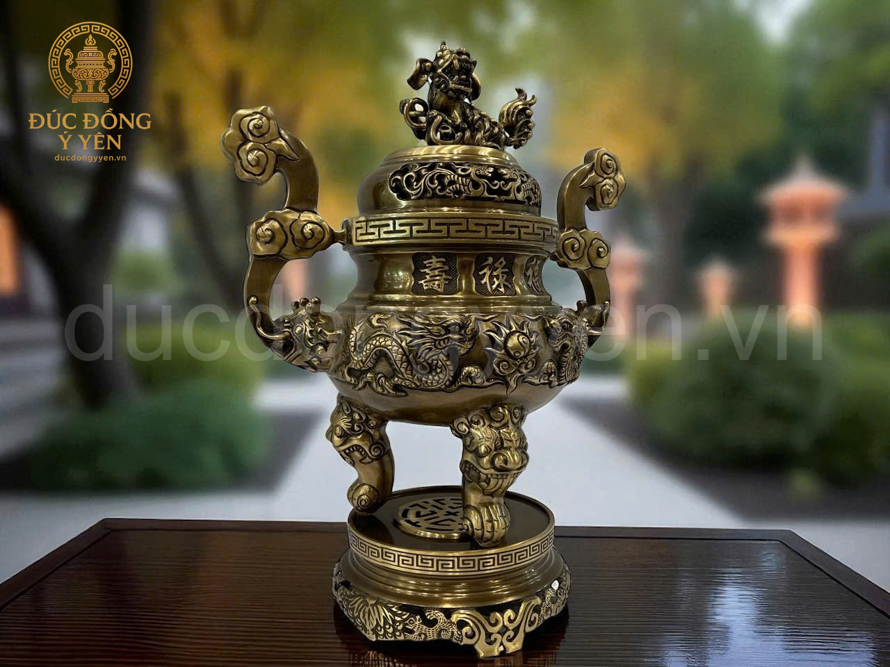 Bộ Bộ đỉnh thờ cao 60cm chạm hoa văn rồng đúc đồng vàng_thumbnail_2