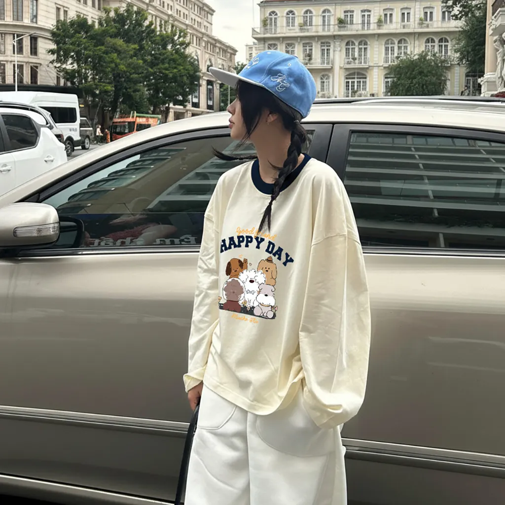 Áo thun form boxy unisex Miucho thoáng mát mềm mại thoải mái tay dài phối cổ gia đình cún 2808_thumbnail_5