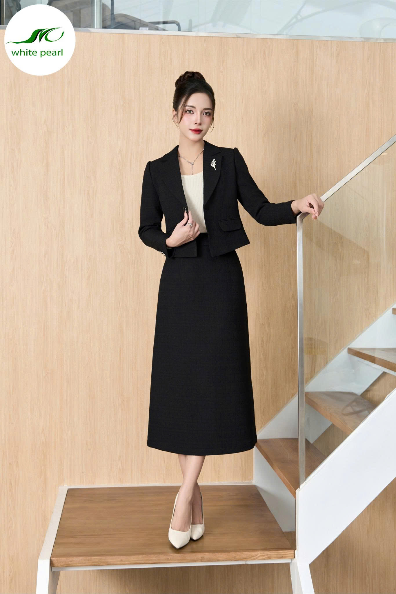 Áo vét dạ cổ K / Chân váy thời trang ôm A Thời Trang Công Sở White Pearl