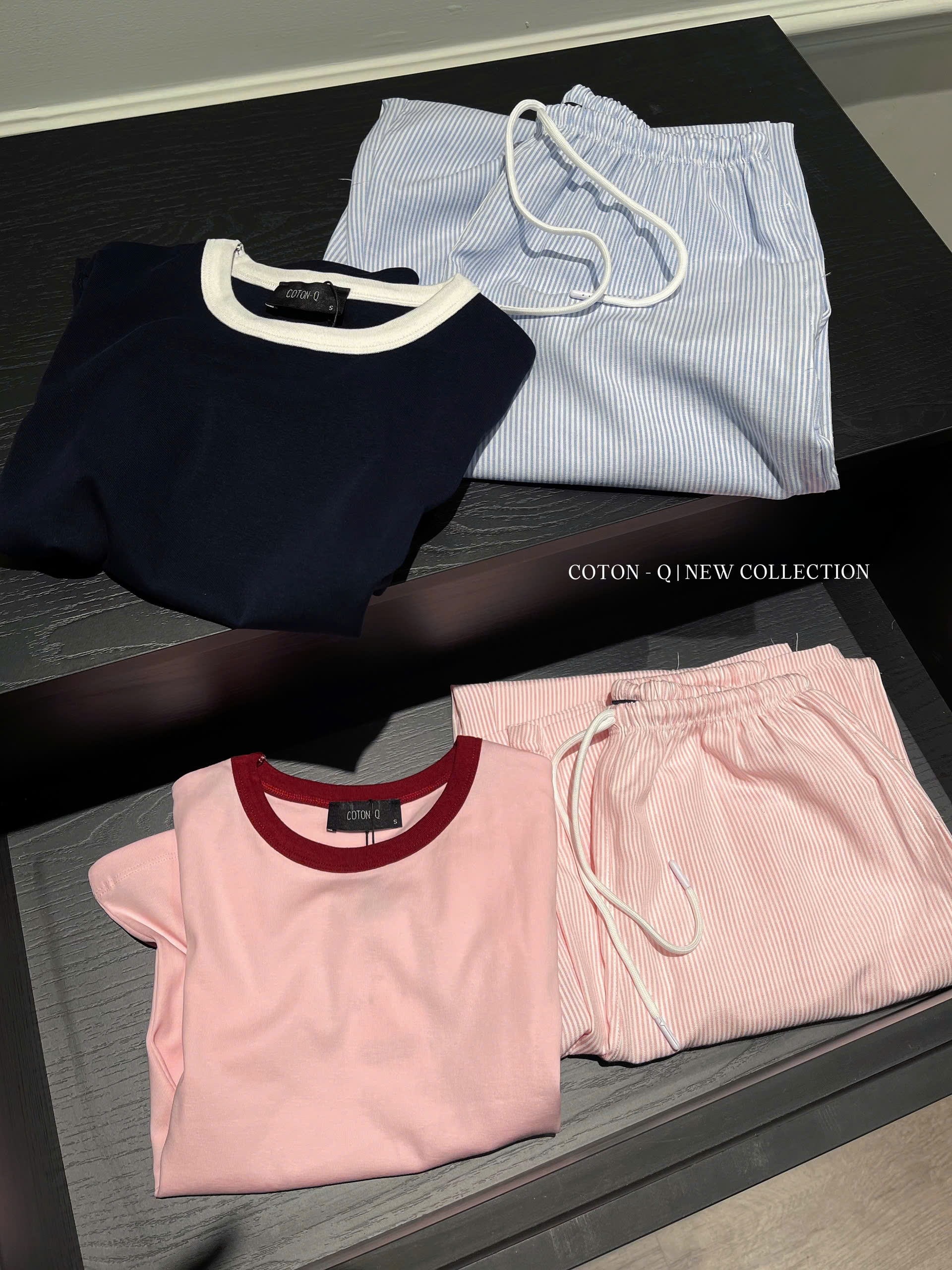 HJ6 Set áo ôm viền + quần dài sọc ( HỒNG )