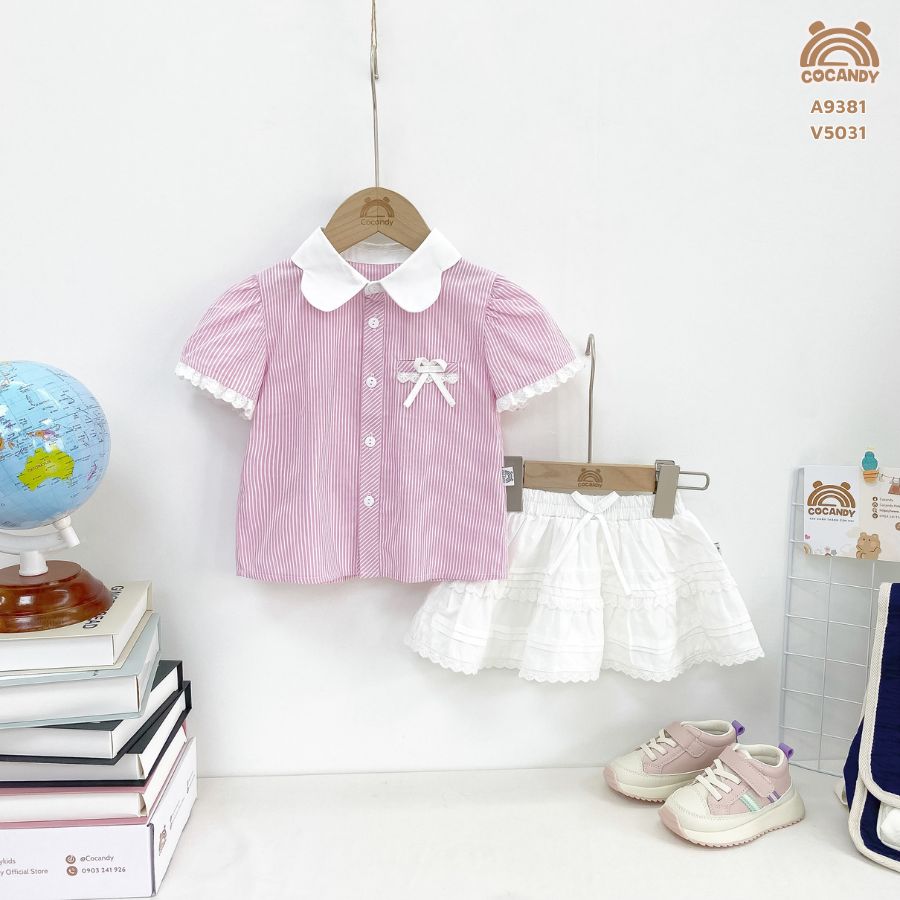 Áo cộc kẻ HỒNG ren tay phối nơ ngực