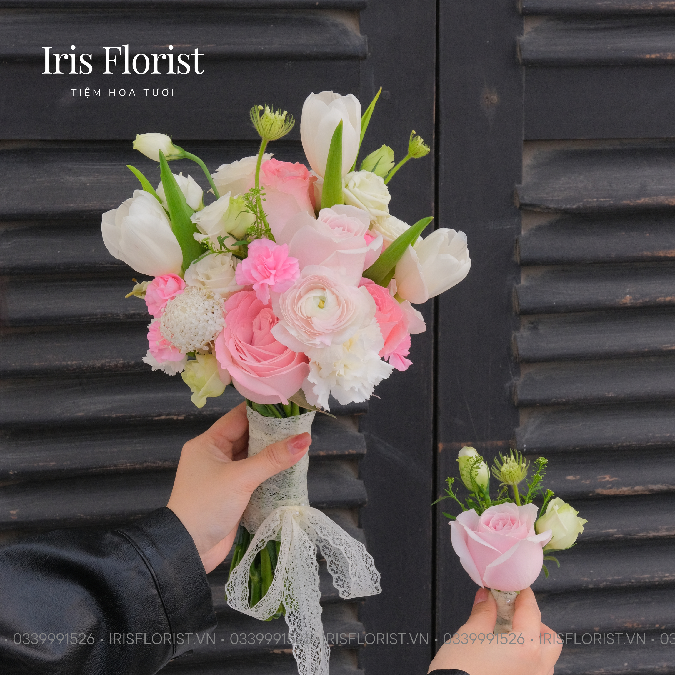 Bó hoa cưới tone hồng mix tulip trắng