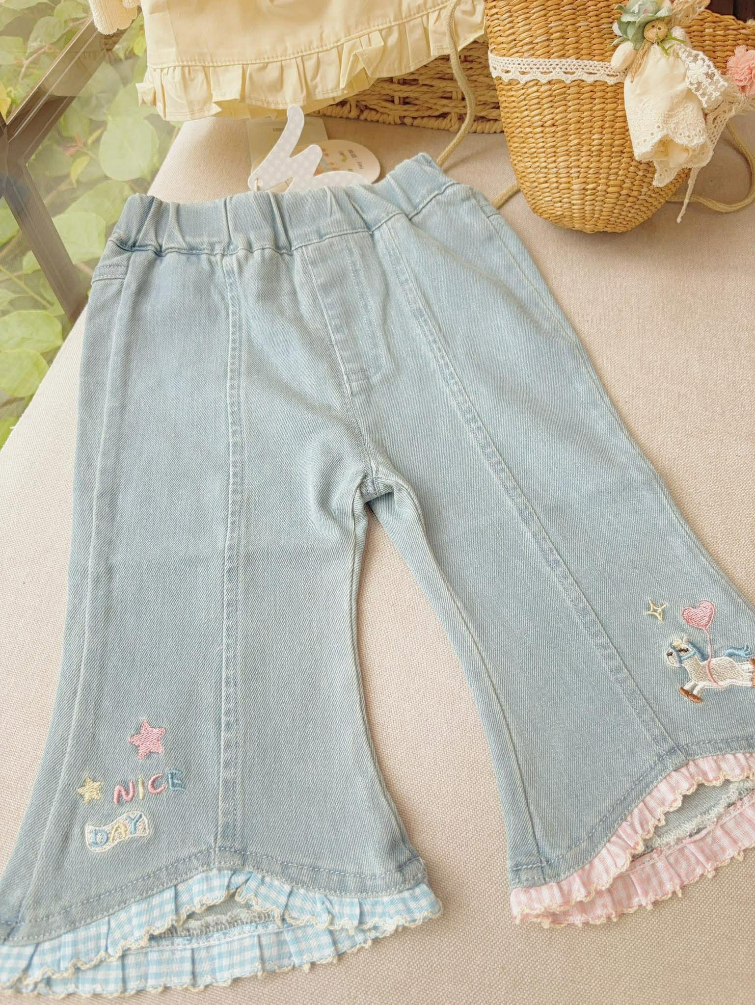 (E137) Quần bò loe gấu caro hồng xanh hãng HMX_thumbnail_0