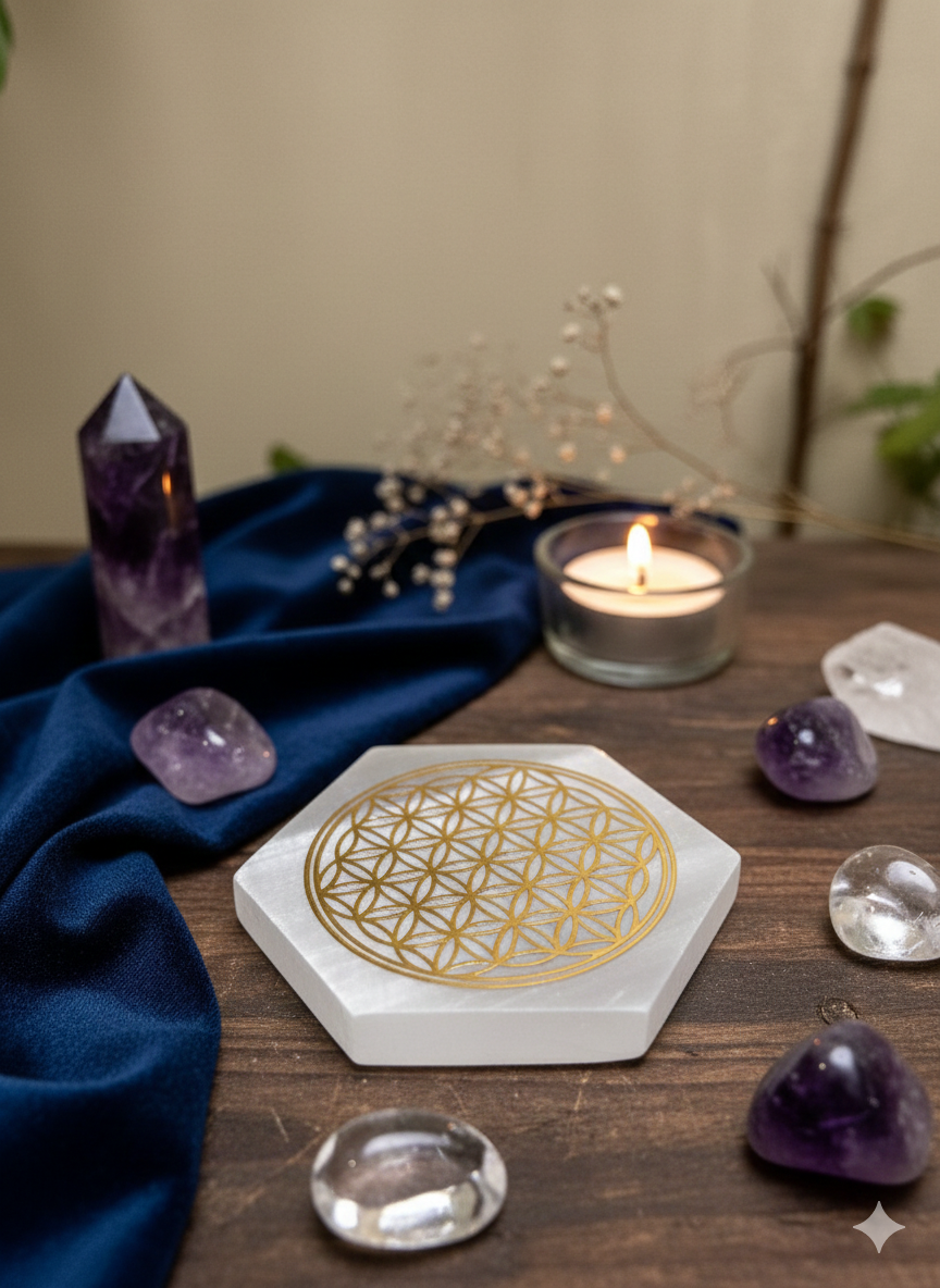 Đĩa xạc năng lượng Selenite Bông Hoa Sự Sống