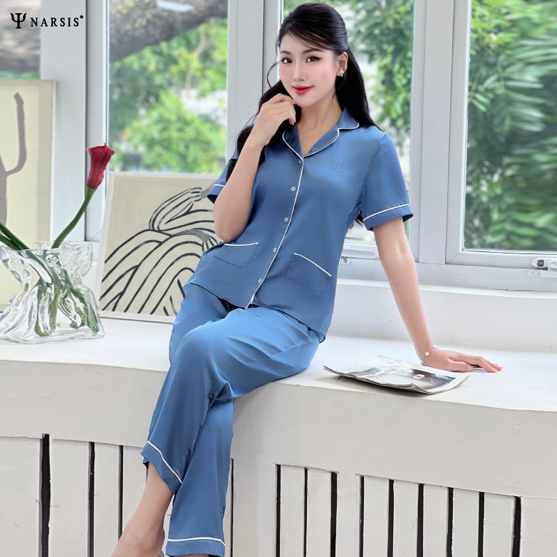 Bộ đồ ngủ lụa satin Narsis M24039 màu xanh đậm, thiết kế thanh lịch, thoải mái._thumbnail_1