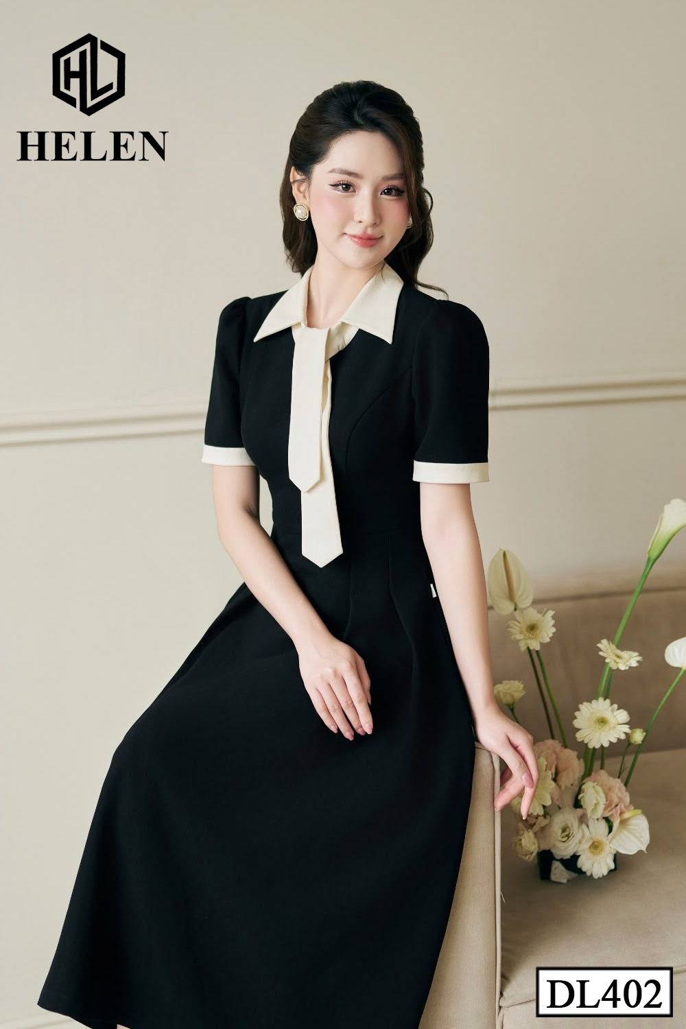 Đầm xòe đen phối be cổ cách điệu DL402_thumbnail_3