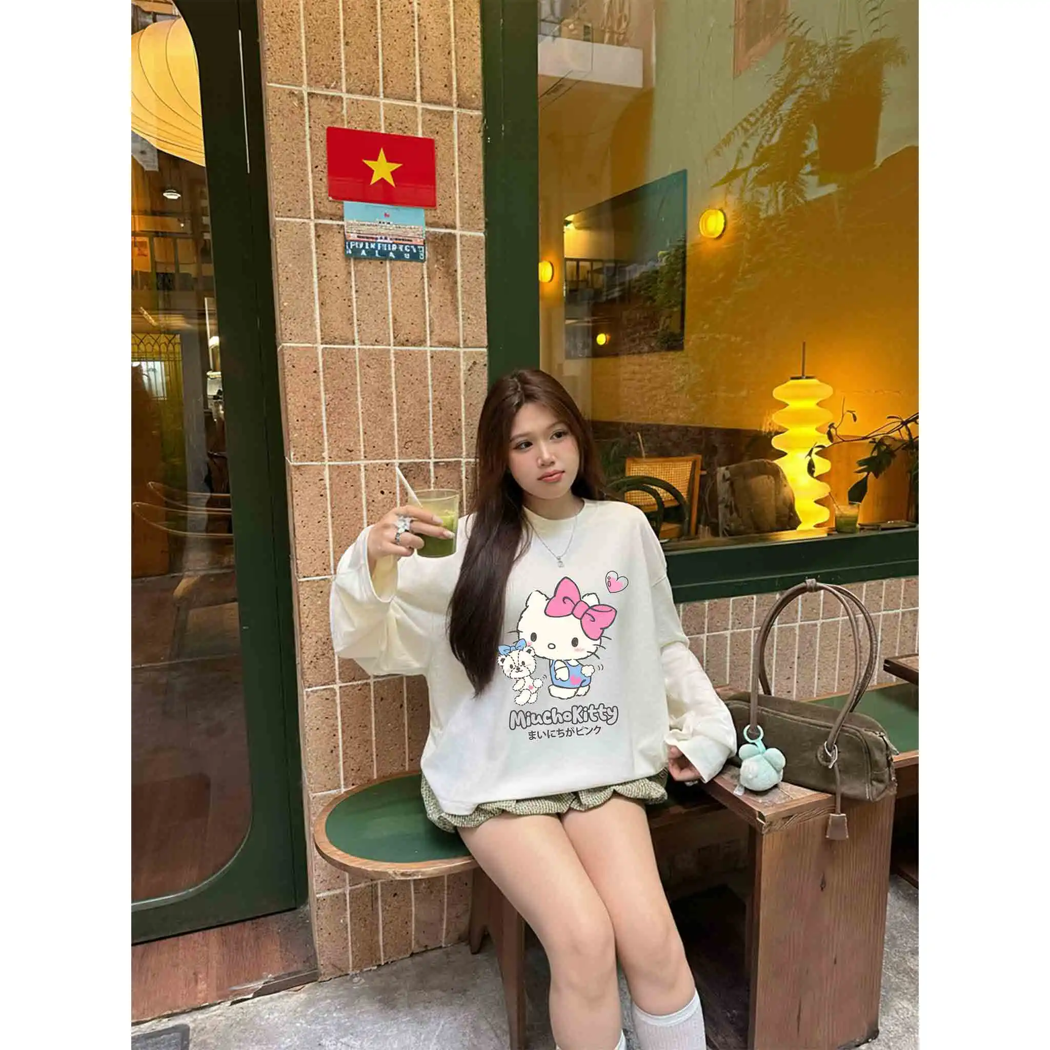 Áo thun nữ form boxy Miucho vải cotton thoáng mát thấm hút tốt tay dài cổ tròn Kitty dễ thương 2802_thumbnail_4