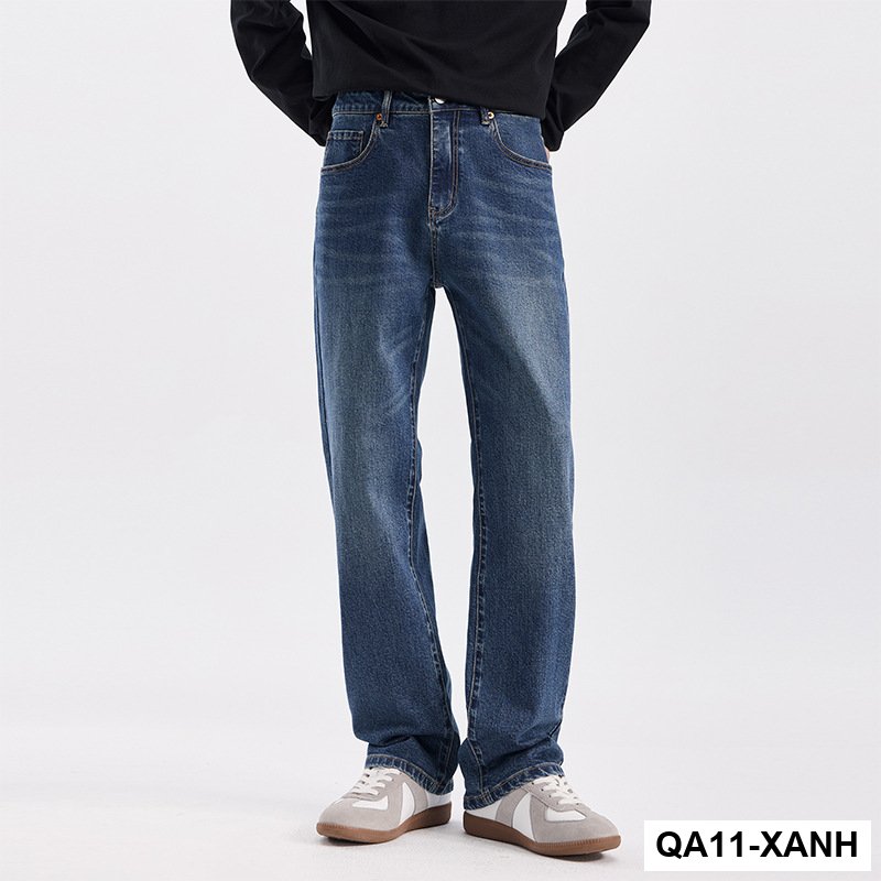 Quần jean xanh cổ điển của Mỹ nam mùa thu đông mới hợp thời trang quần ống rộng dáng ôm vừa vặn giặt hơi loe quần dài