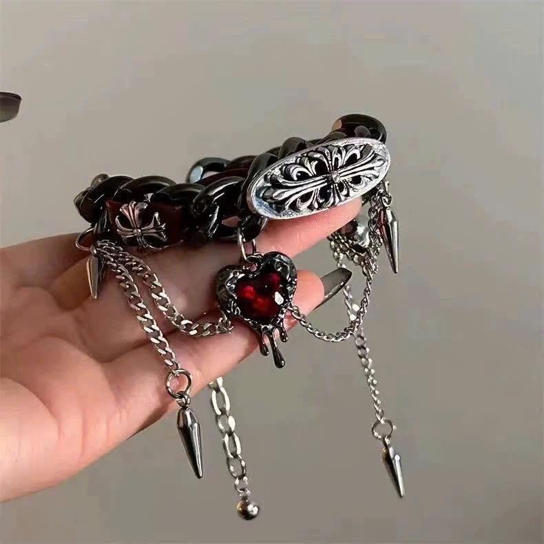 Vòng tay xích lớn luồn dây da đỏ chrome heart