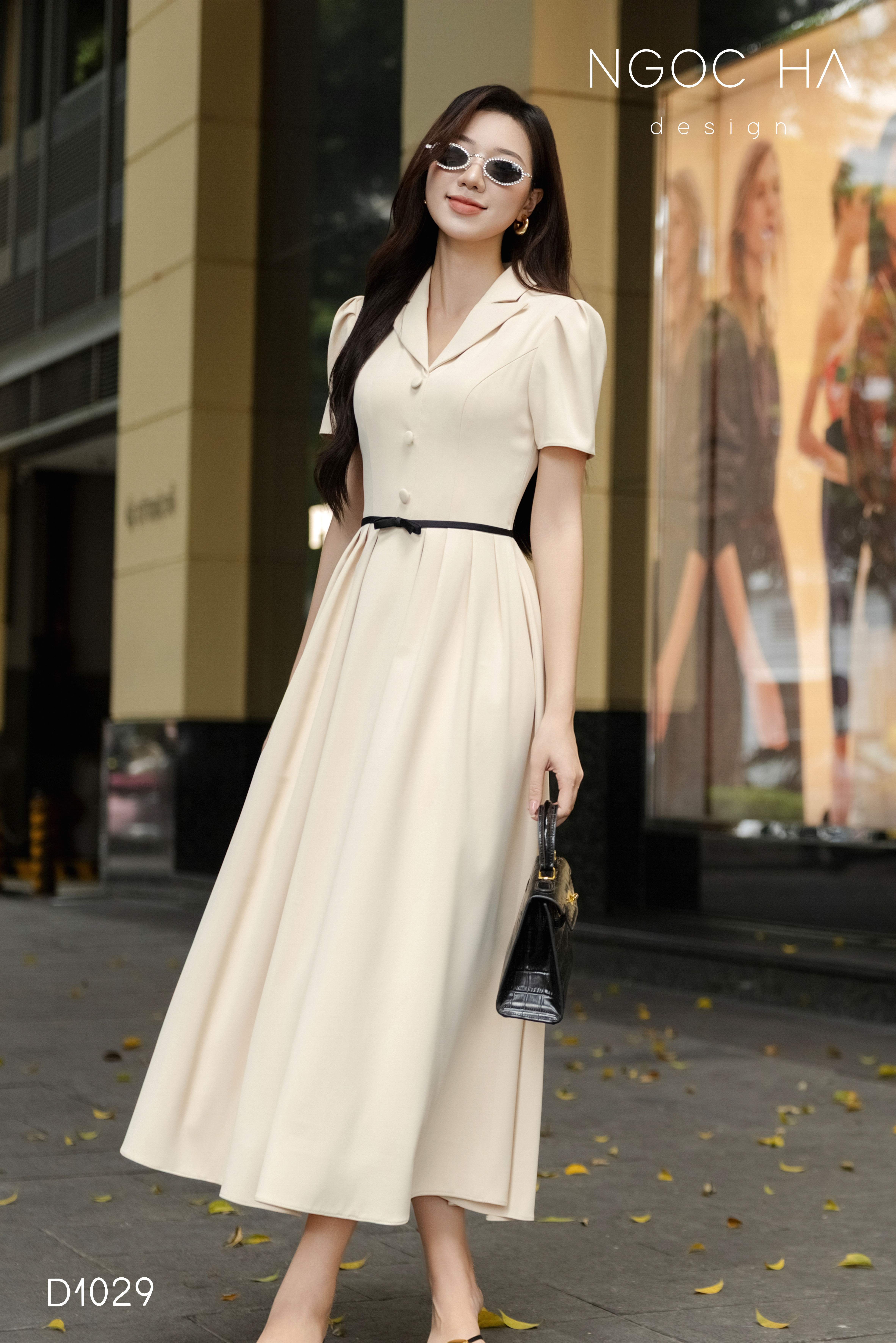 Ivory Dress_ Đầm Cổ Vest Xòe Màu Bee Nơ Đen D1029_thumbnail_5