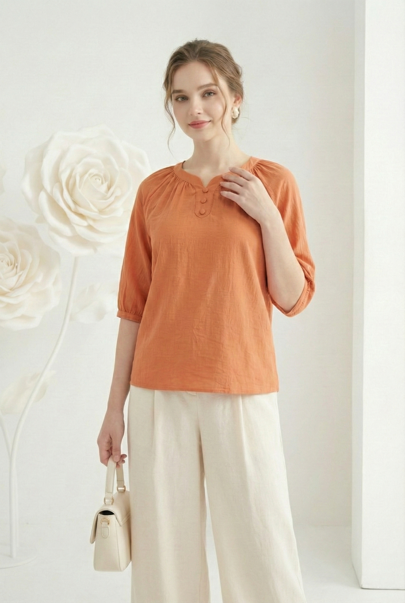 Áo tunic vải pha linen màu cam sữa dáng suông cổ cách điệu thiết kế MAZANO 1HB2SAS050CA