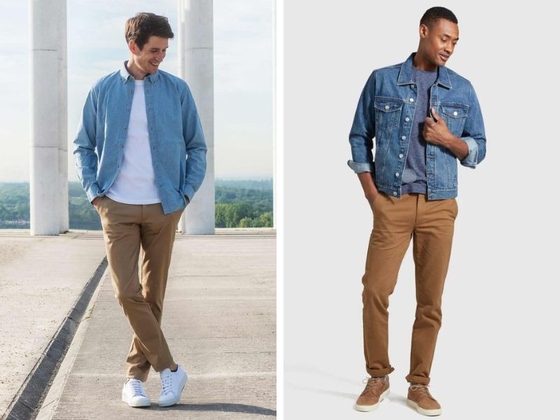 Quần nâu kết hợp với áo denim xanh dương