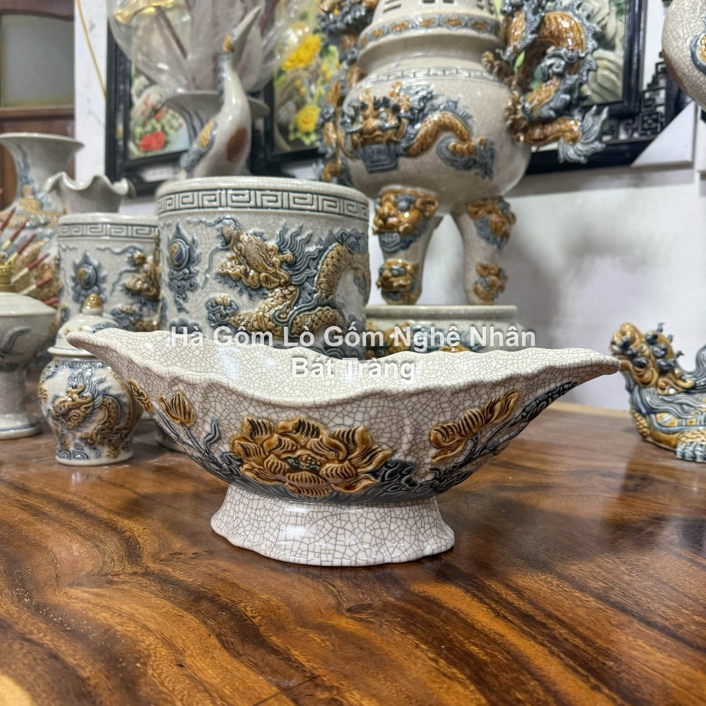 Đồ Thờ Cúng Bát Thuyền Gà Men Rạn Đắp Nổi Cao Cấp Bát Tràng_thumbnail_6