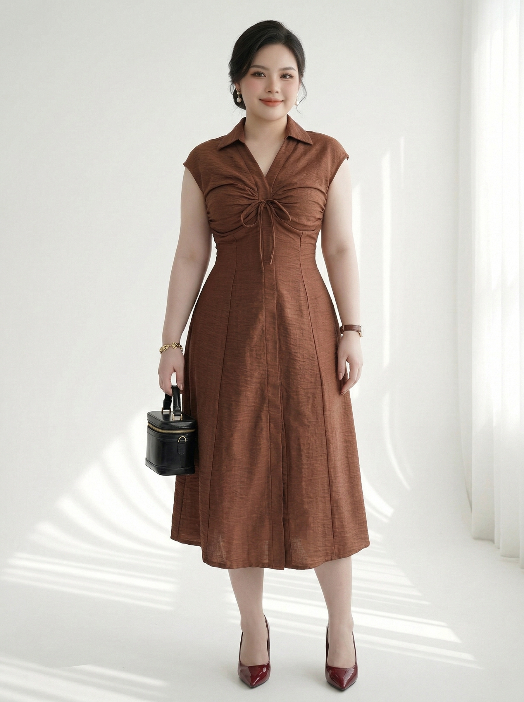 Đầm dáng dài phối nơ cùng xếp ly ngực bigsize DA177