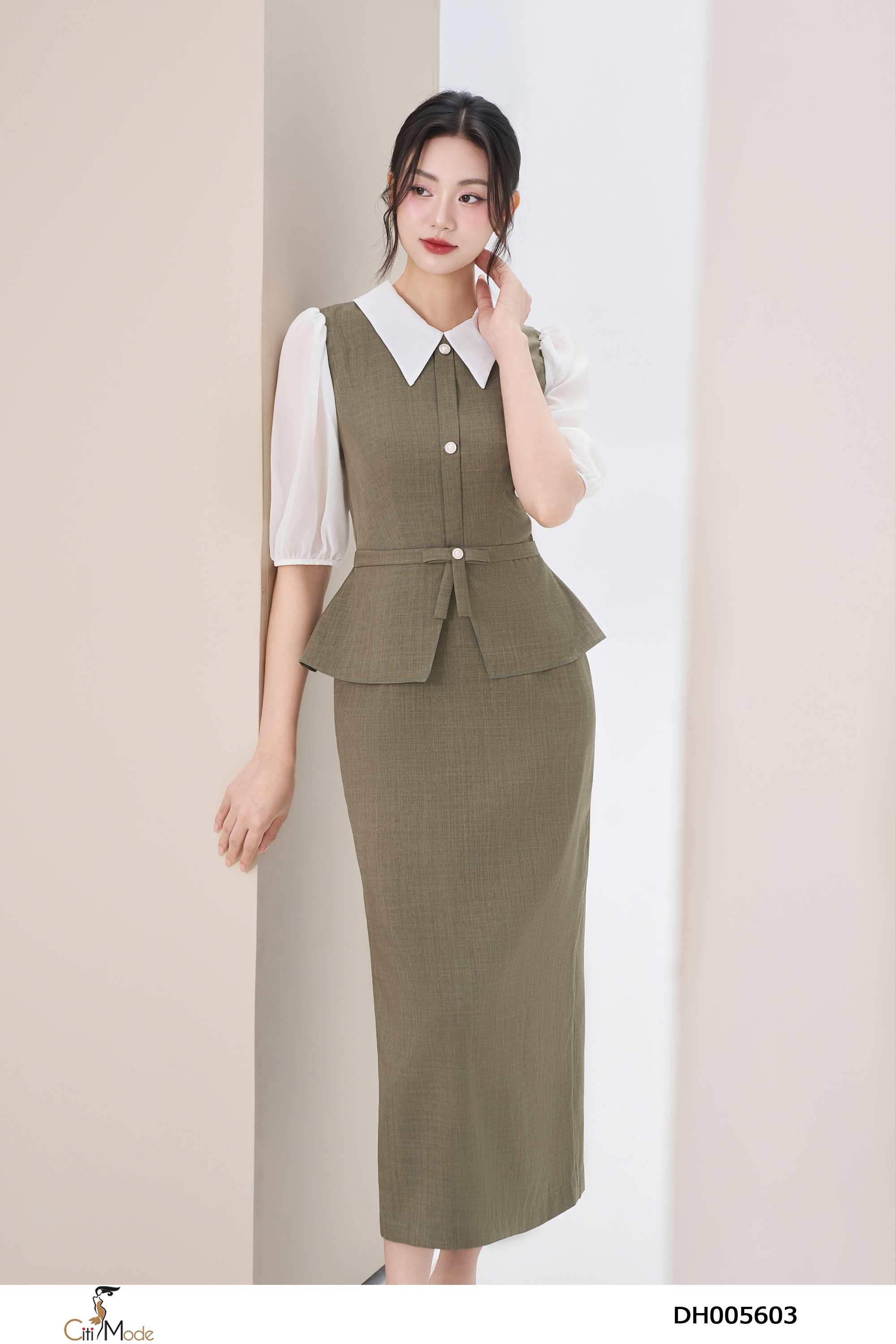 Đầm ôm peplum rêu cổ đức phối tắng tay lỡ_thumbnail_3