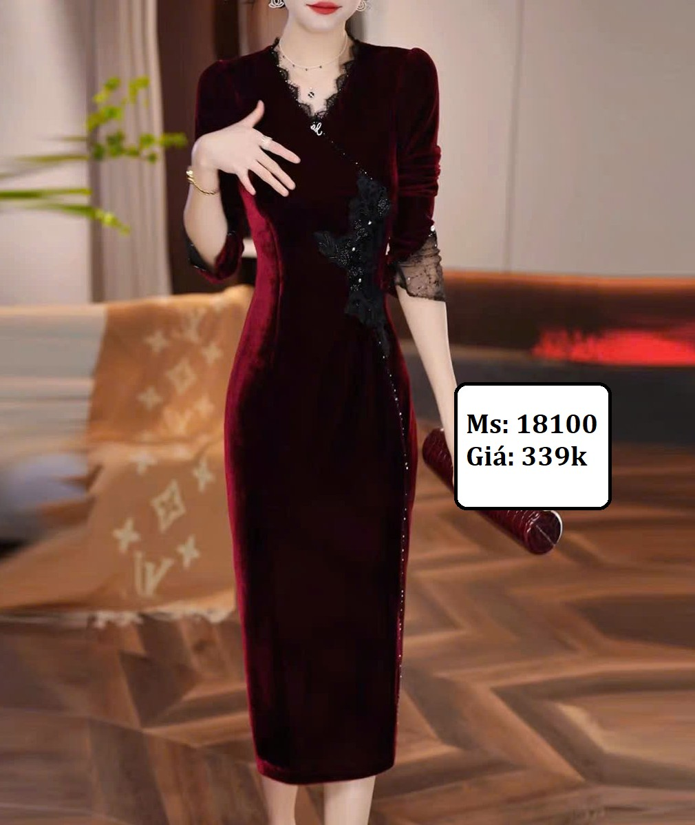 18100-Đầm body nhung đỏ đô tay lở phối viền ren (thun nhung, ren)