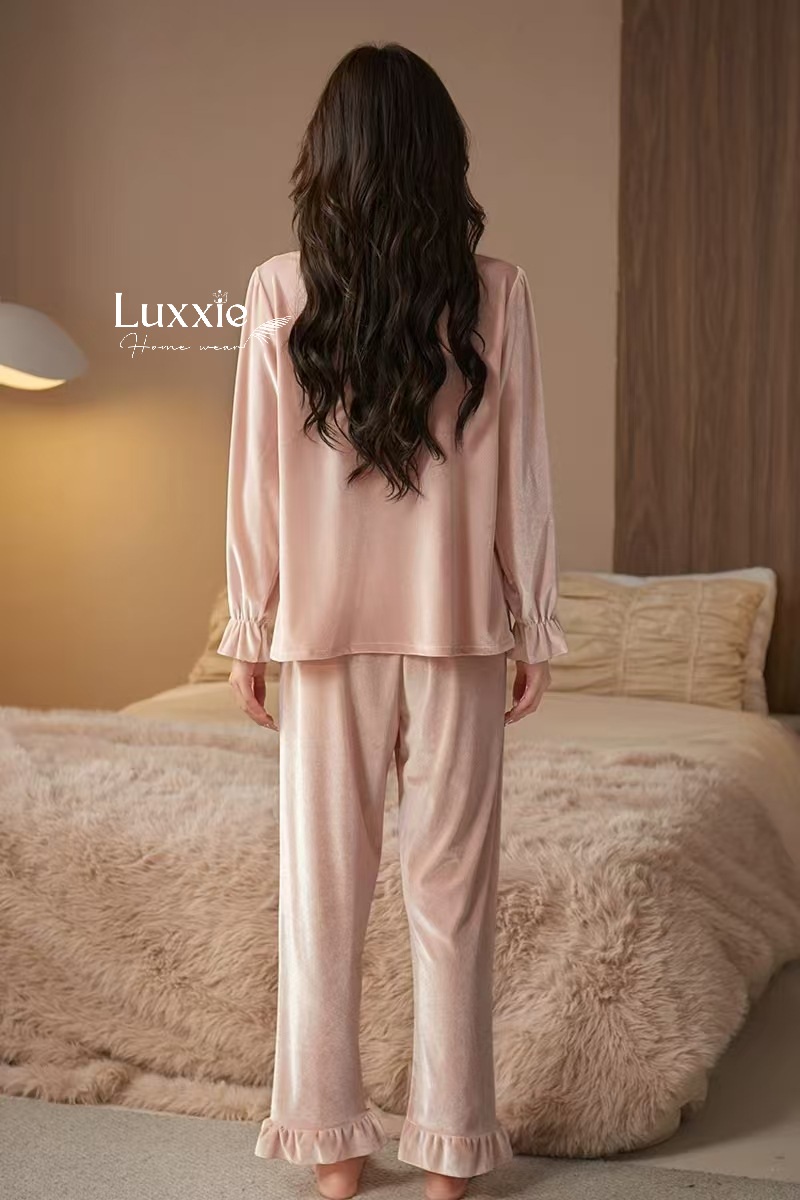 NHUNG34 Bộ ngủ nhung cổ ren trắng đính nơ_thumbnail_9