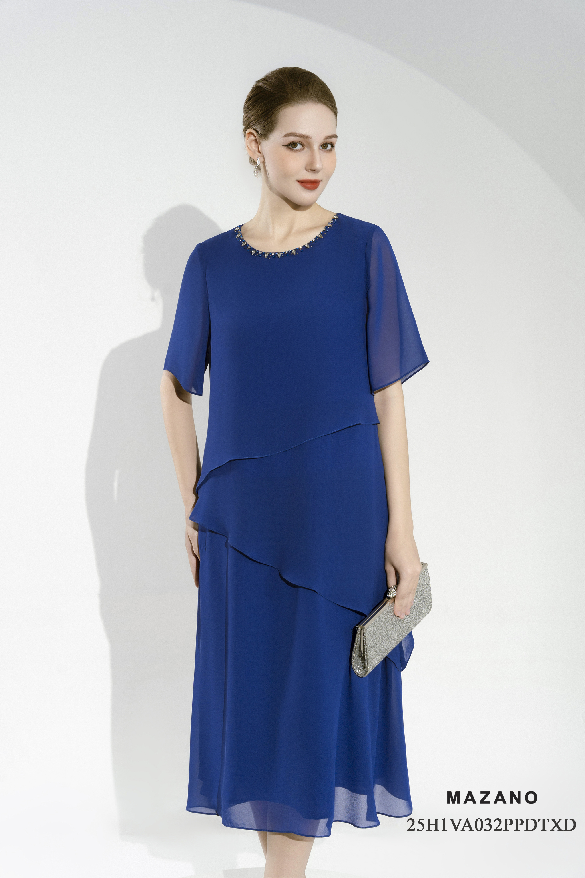 Váy Đầm suông A layer Vải voan mỏng Đính trang trí Cổ tròn Tay ngắn Dài váy đến bắp chân_thumbnail_2