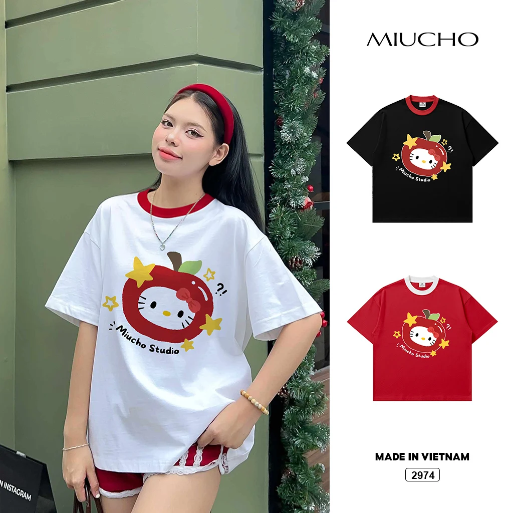 Áo thun boxy Kitty dễ thương Miucho thoáng mát tay ngắn phối cổ in mix 2974