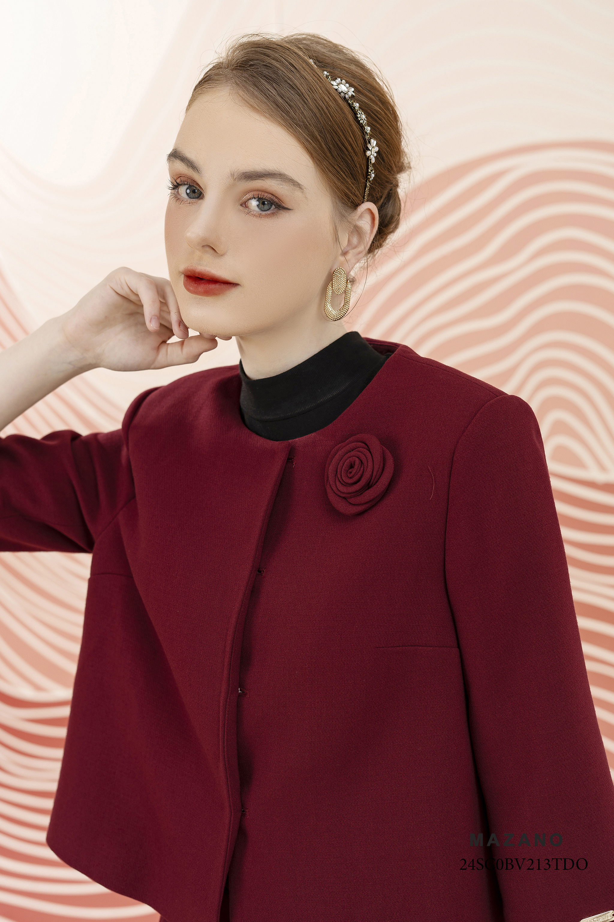 Bộ Áo khoác ngắn cổ tròn và Chân váy juyp dài vải Tuytxi len đính bông hoa_thumbnail_4