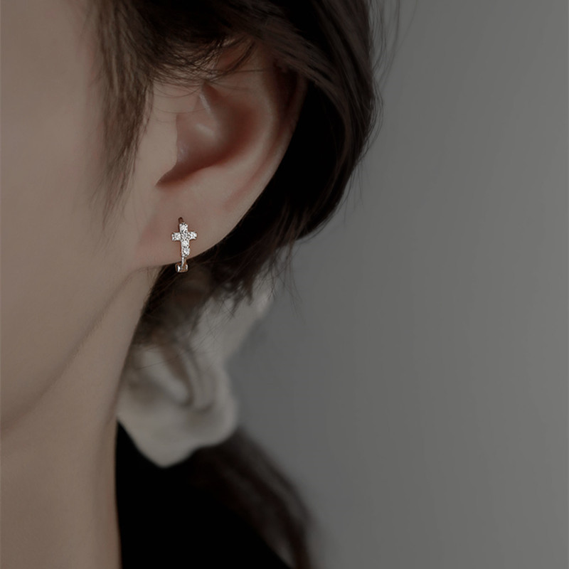 Khuyên tai Thánh Giá bạc unisex tròn nạm đá Zircon có chốt bấm/ trang sức Công Giáo KB02_thumbnail_4