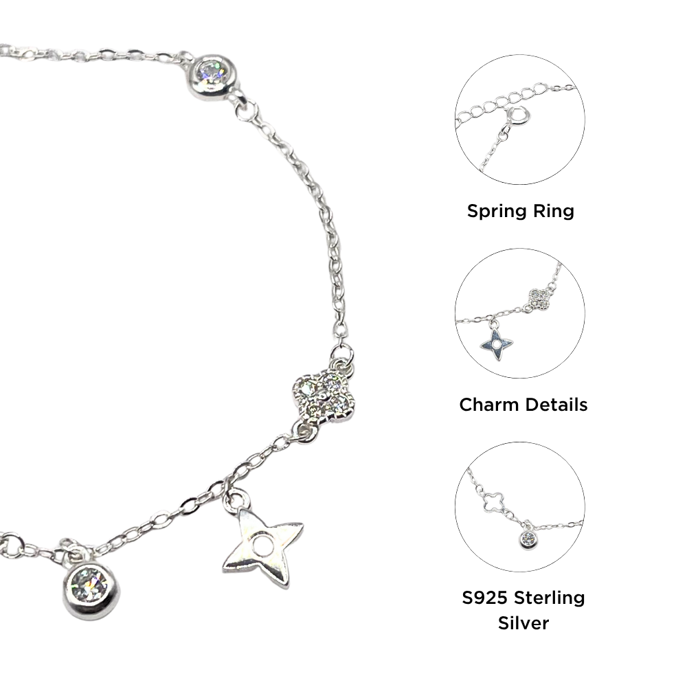 Vòng tay bạc 925 nữ charm hoa đính đá phối ngôi sao