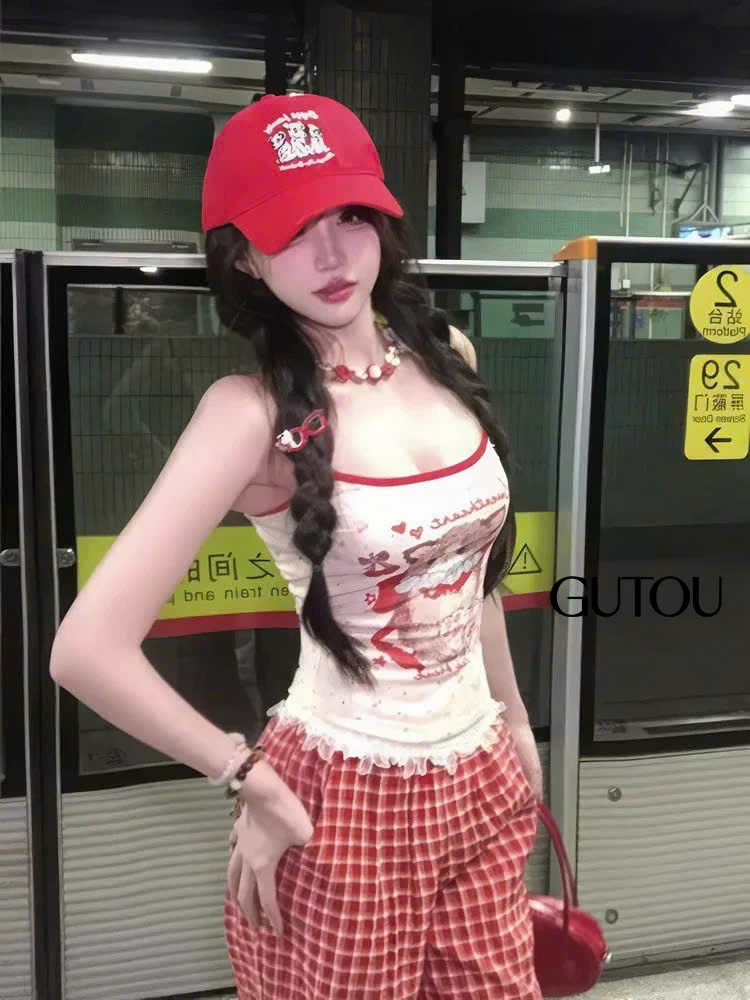 [ GUTOU ] Áo Hai Dây Trắng In Hình Mèo Tea Break