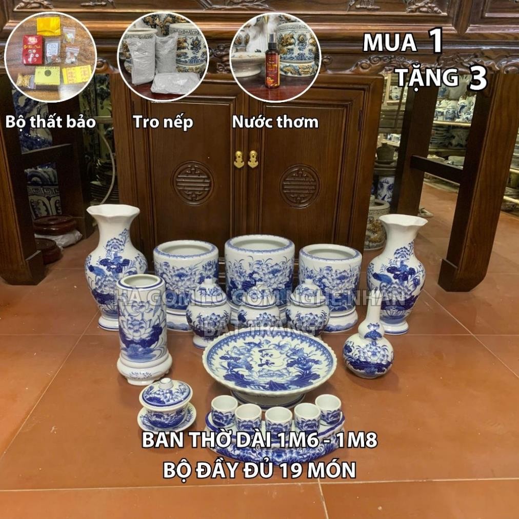 HG346 Đồ Thờ Cúng Bộ 19 món ban thờ 1M6 - 1M8 men lam nghệ nhân Bát Tràng chế tác TẶNG Thất Bảo, Tro Nếp
