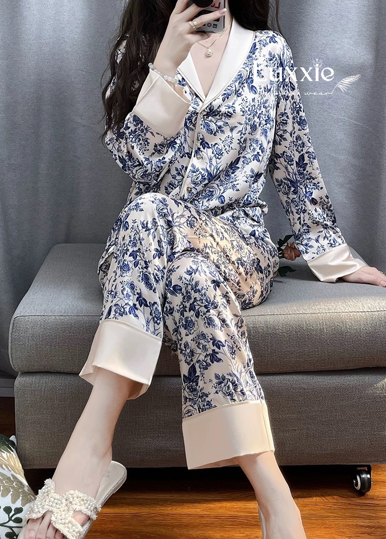 N72 Pijama lụa hoa hồng xanh