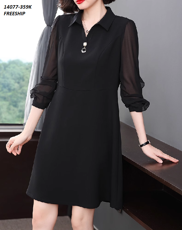 14077-Đầm suông A phối tay voan dài cổ bẻ cách điệu (thun mịn, voan)FREESHIP_14077_thumbnail_0