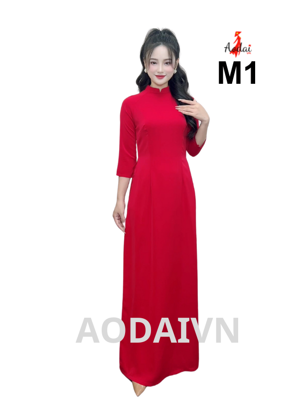 M1 Áo dài lụa Mỹ đỏ cổ cao 2cm tay lỡ