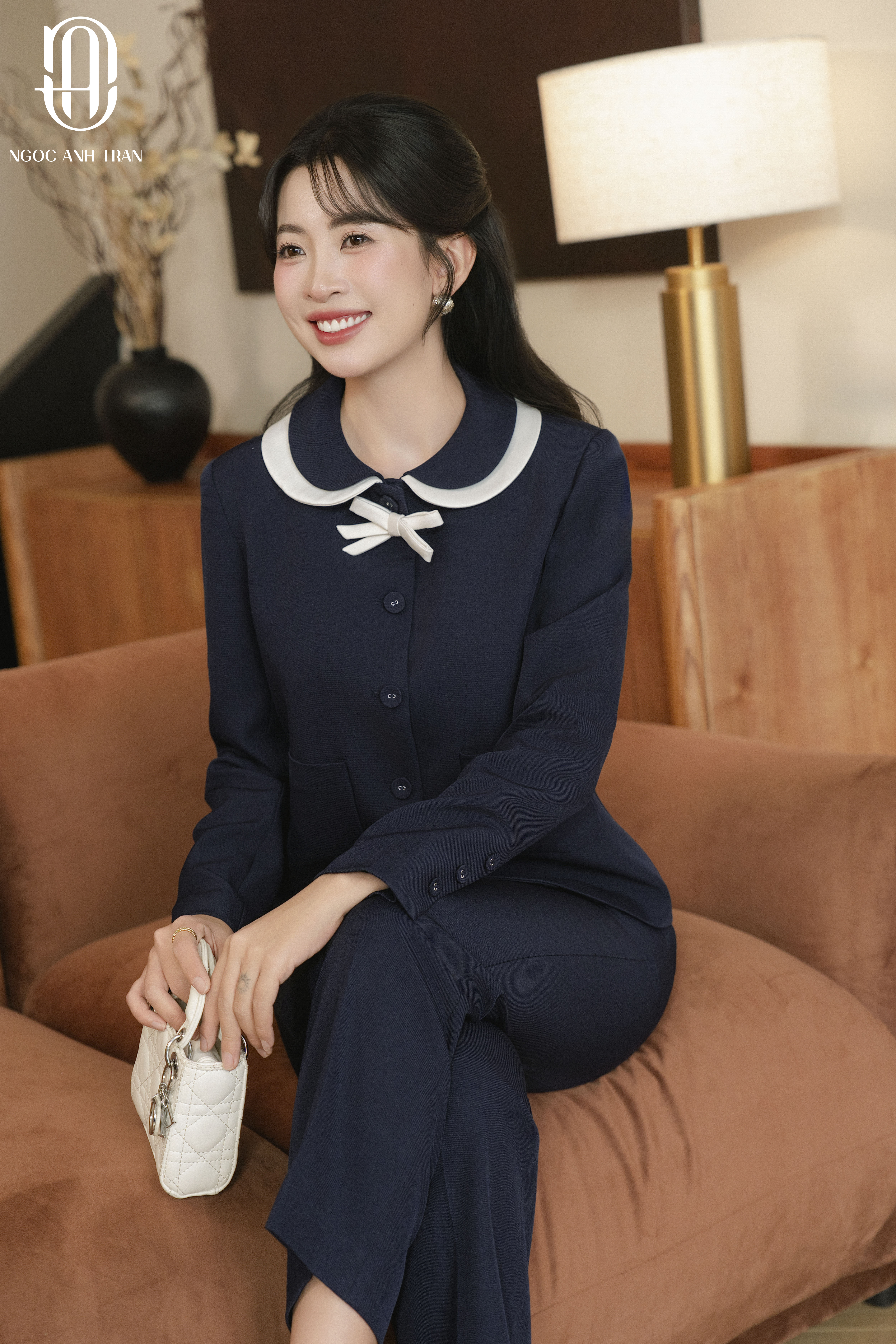 A257 - Set áo kiểu xanh than cổ sen trắng phối quần baggy navy_thumbnail_1