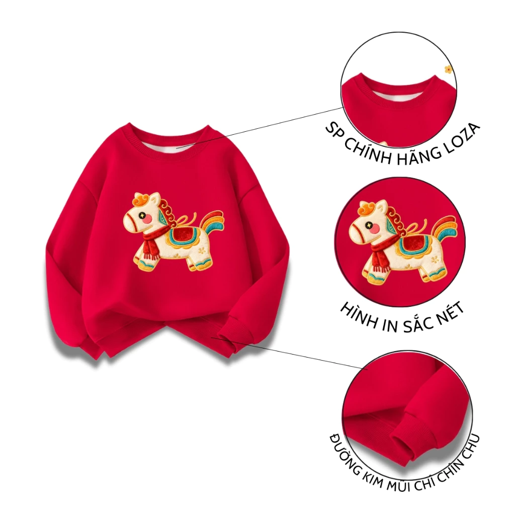 [BST Tết 2026] Bộ nỉ cho bé trai,bé gái in hình Ngựa Tết Bính Ngọ - Loza Kids BI004