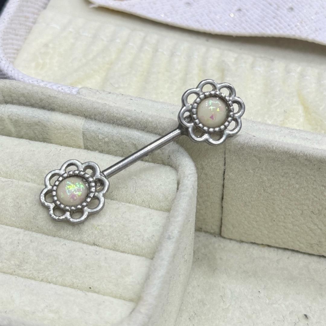 Khuyên Ti bông hoa đá opal 2 đầu