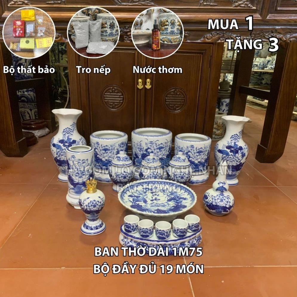 HG348 Đồ Thờ Cúng Bộ 19 món ban thờ 1M75 men lam nghệ nhân Bát Tràng chế tác TẶNG Thất Bảo, Tro Nếp