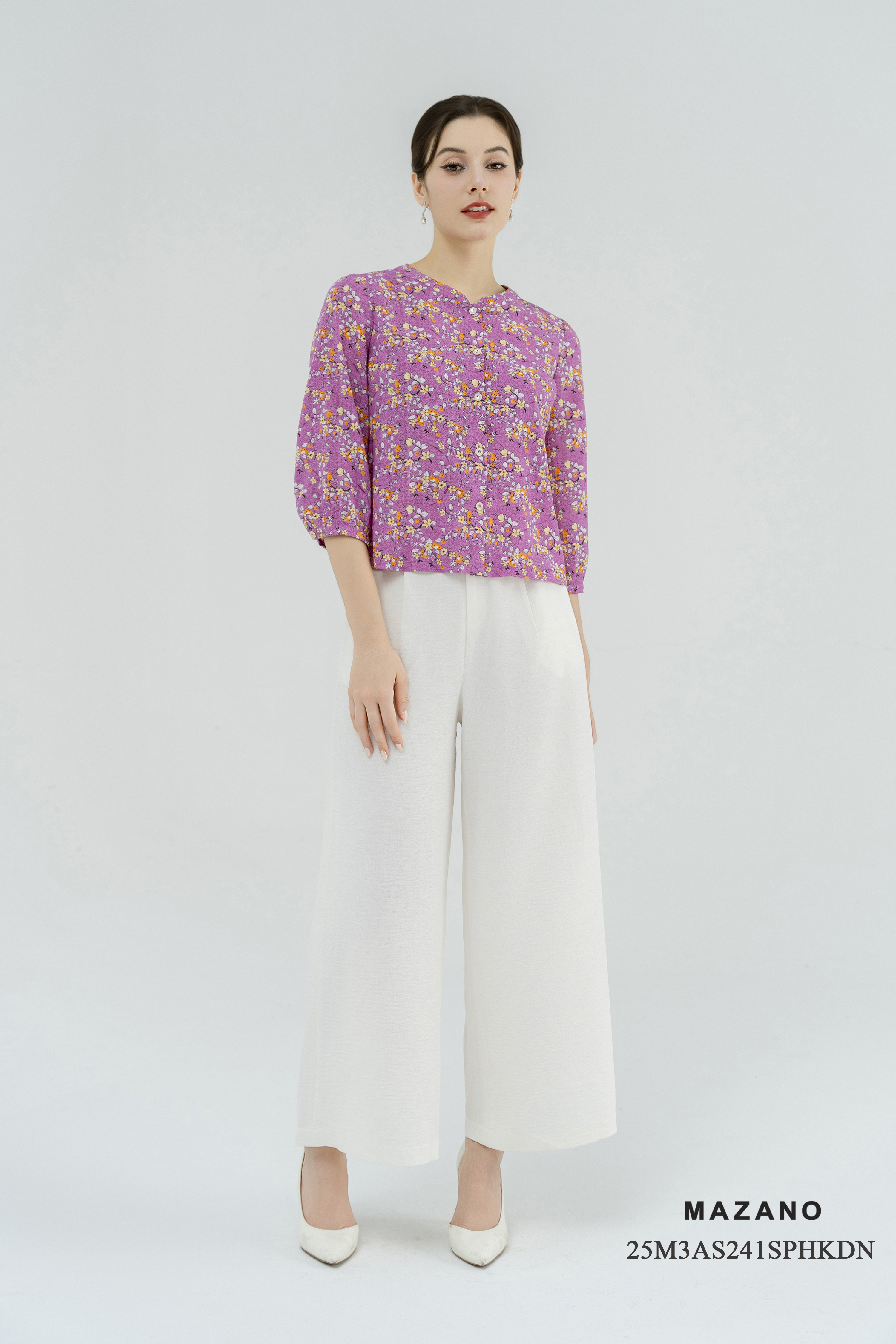 Áo sơ mi cài khuy Suông Vải thô mỏng Họa tiết hoa nhỉ Cổ tàu cách điệu cài khuy Tay lỡ Dài dưới eo_thumbnail_2