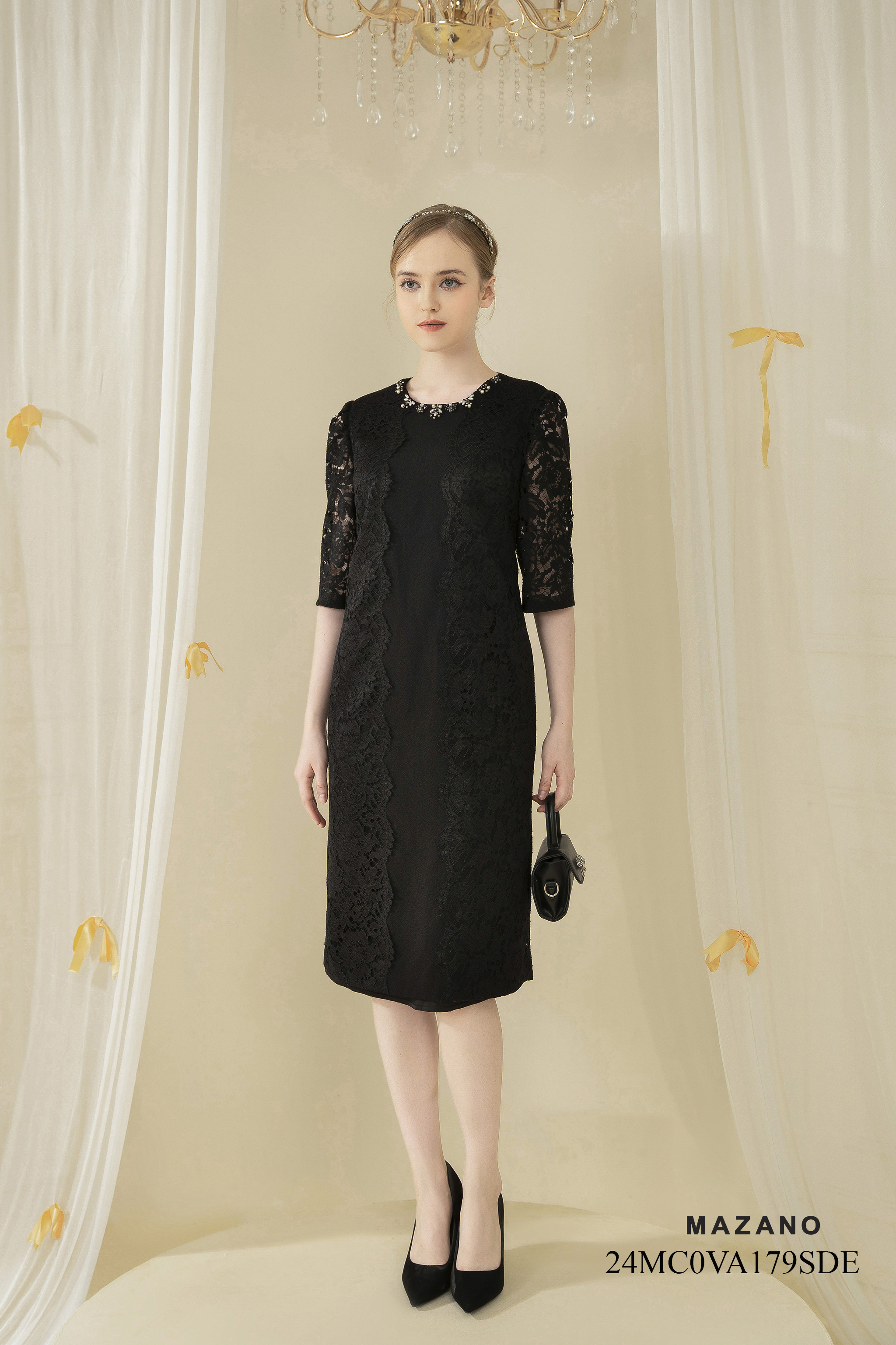 Váy Đầm suông Vải Thô phối Ren trang trí Cổ tròn đính đá Dài tới bắp chân_thumbnail_2