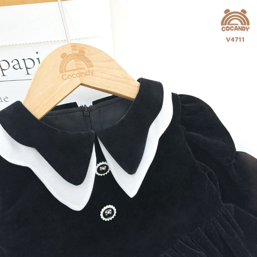 Váy dài nhung ĐEN cổ kép phối TRẮNG_thumbnail_1