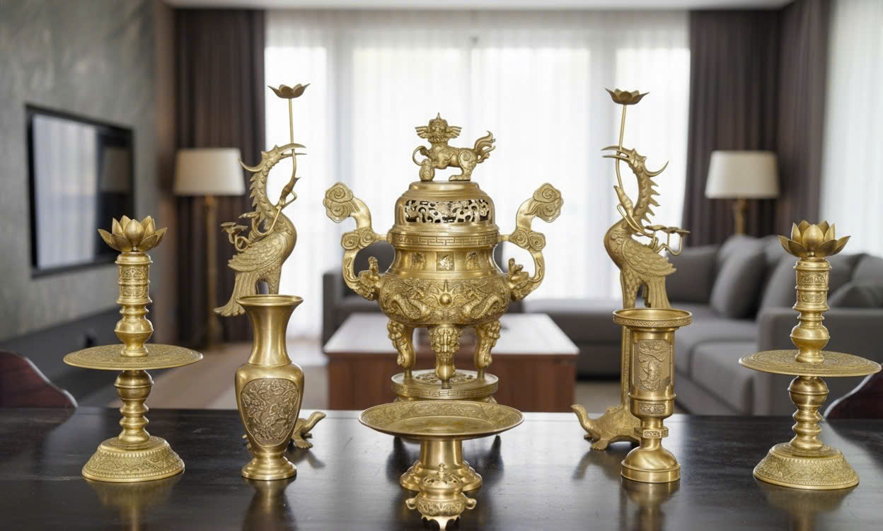 Bộ ngũ sự song long KT cao  65  chữ Hán hoa văn mộc kèm phụ kiện