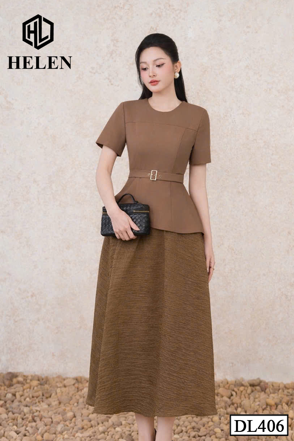Đầm liền giả set nâu cổ tròn + kèm đai DL406