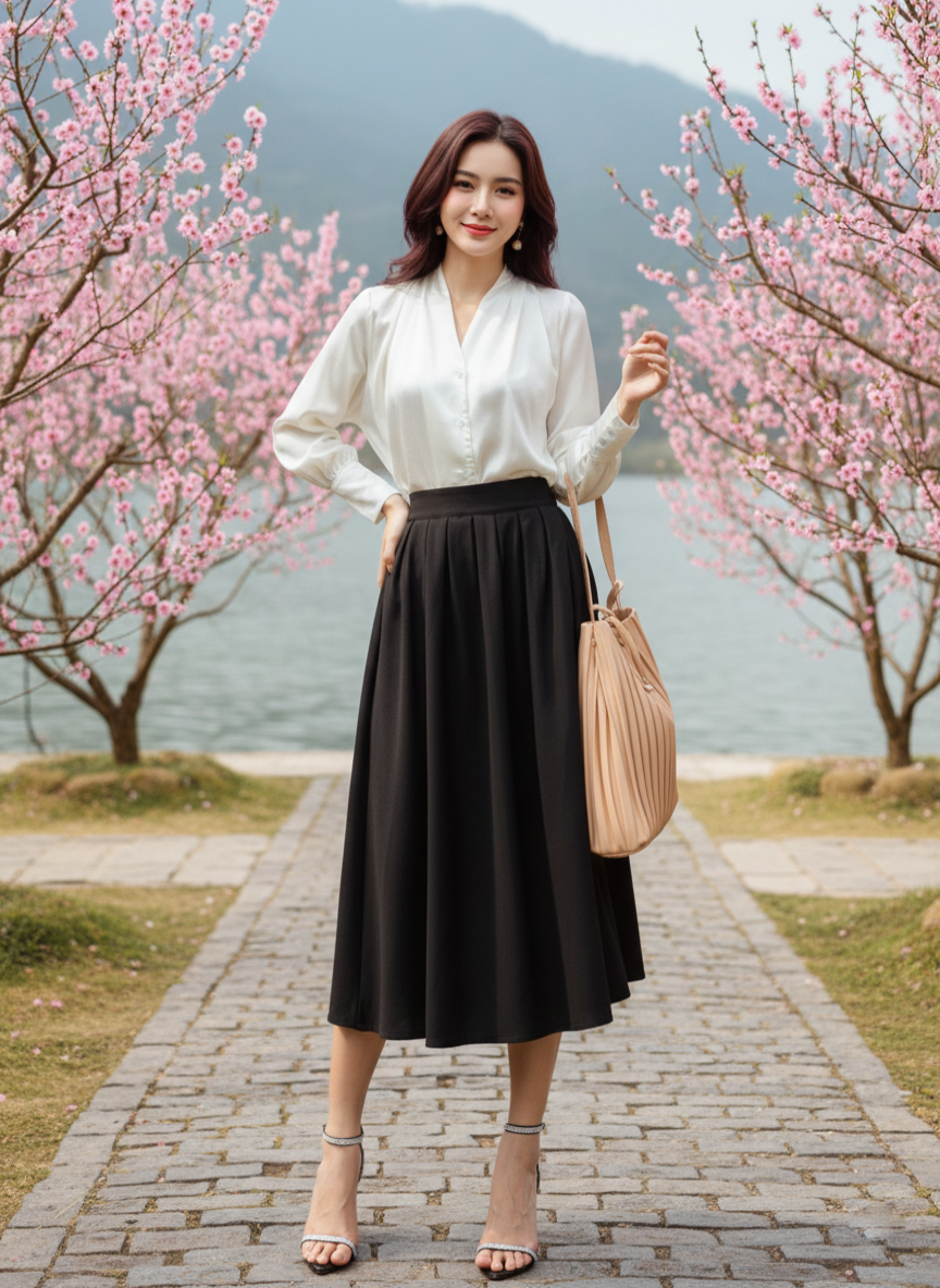 Set áo phối chân váy dài xếp ly